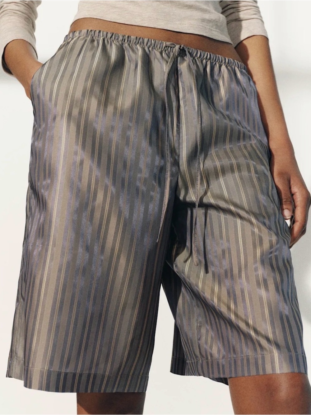 Reformation Striped Satin Bermuda Shorts - Gray